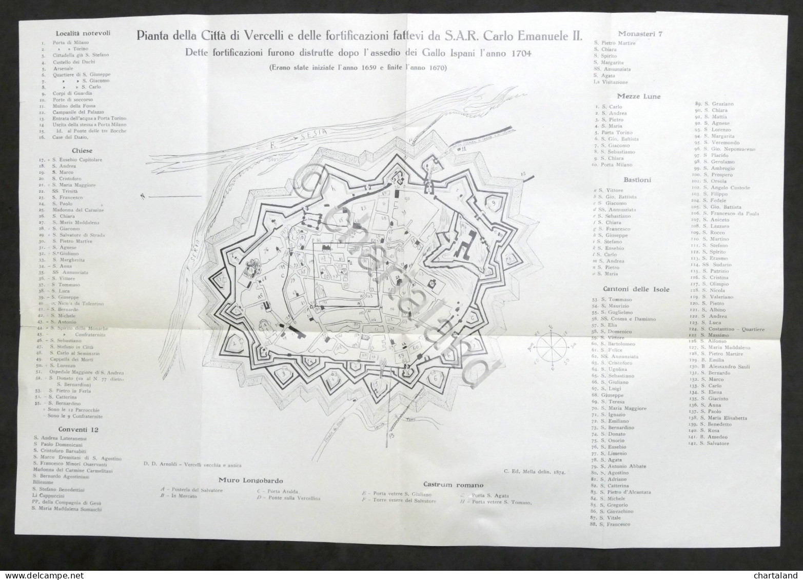Pianta Di Vercelli E Fortificazioni Fattevi Da Carlo Emanuele II - Ed. 1874 - Dokumente
