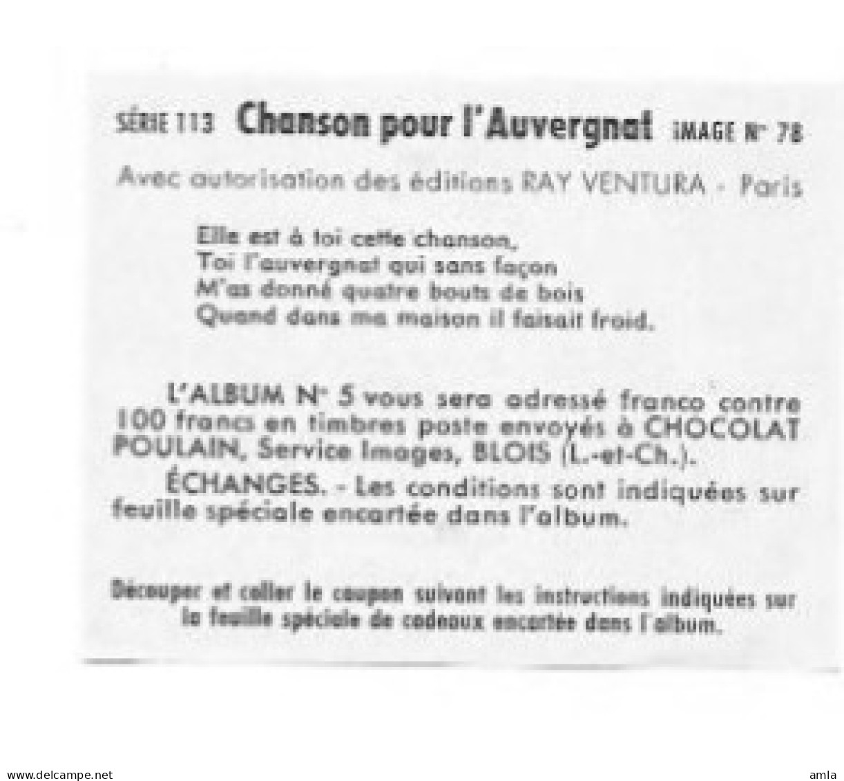 IMAGE POULAIN  Serie 113 N°78 CHANSON POUR L'AUVERGNAT - Poulain