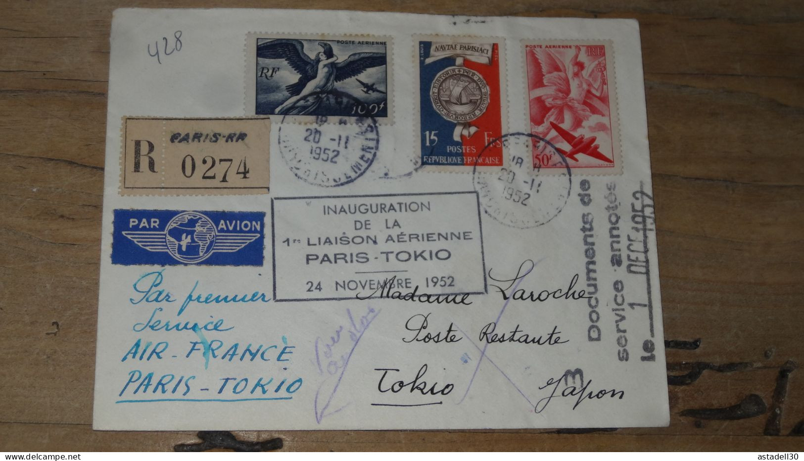 Enveloppe 1ere Liaison Paris Tokyo - 1952   ............. BOITE1  ....... 560 - 1921-1960: Période Moderne