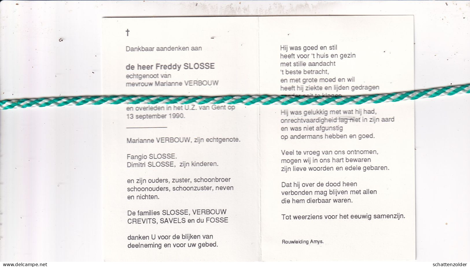 Freddy Slosse-Verbouw, Lissewege 1948, Gent 1990. - Décès