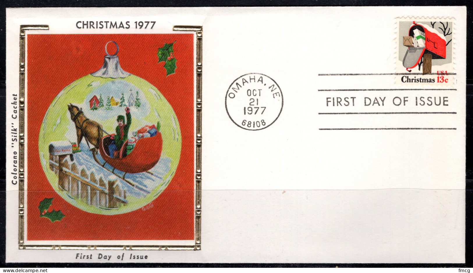 USA FDC Colorano Silk Cachet, 1977 13 Cents Christmas Mail Box - 1971-1980