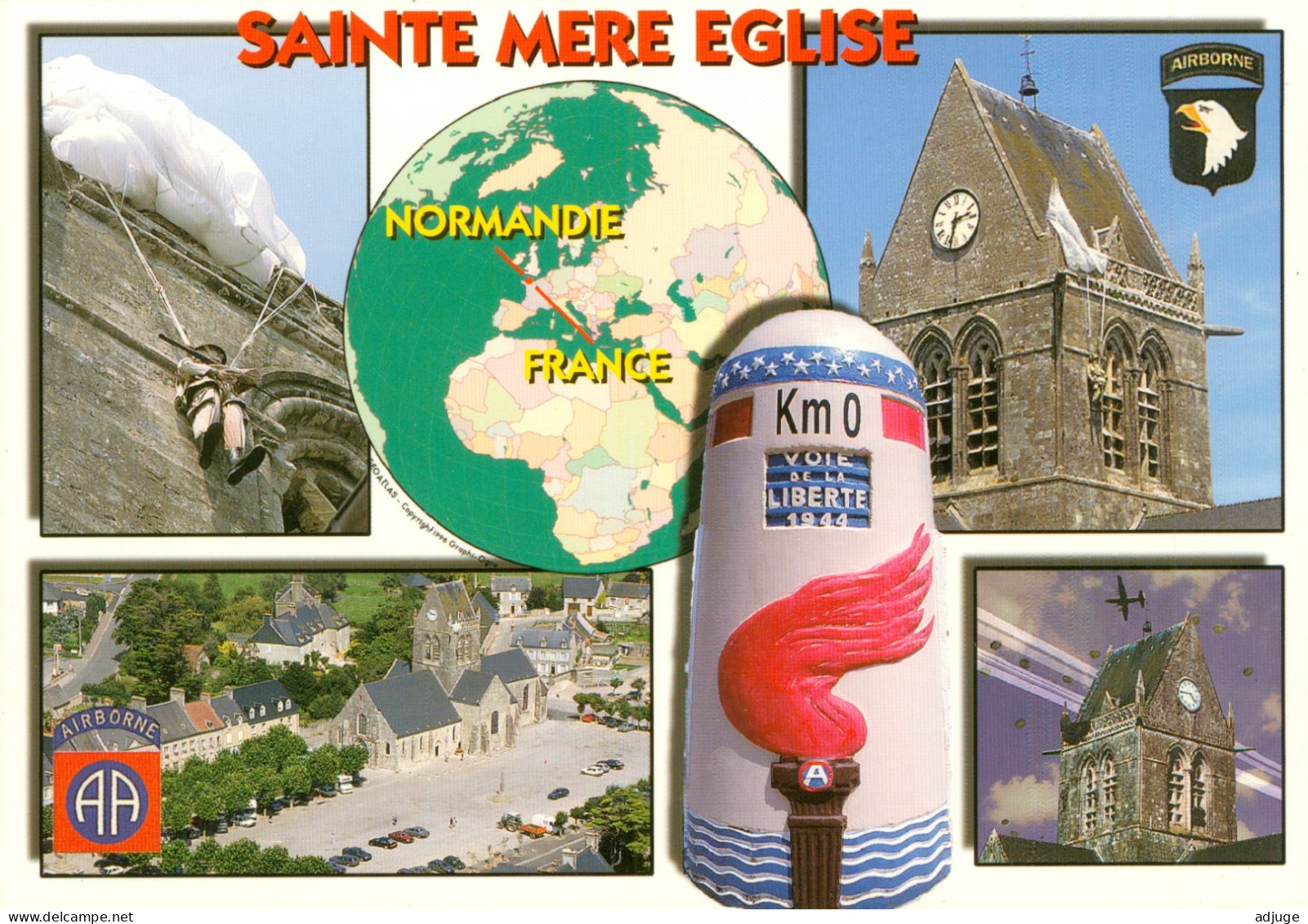 CPM-50- SAINTE-MÈRE ÉGLISE - Multivues - Libération - Le Clocher - La Borne KM 0 , Sculpteur F. Cogné **TBE * 2 Scans - Sainte Mère Eglise