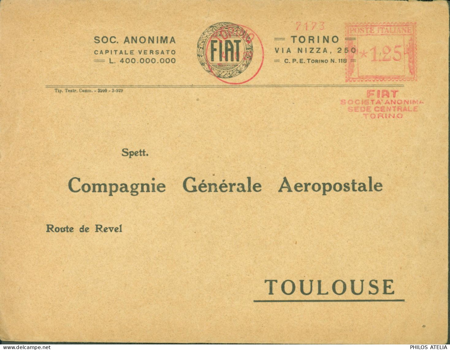 Enveloppe Publicitaire Fiat Voiture Torino CAD Machine à Affranchir Poste Italiane 1,25 Pour Cie Aéropostale Toulouse - Advertising