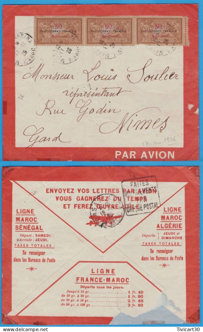 LETTRE PAR AVION DE 1926, MAROC POUR LA FRANCE - LIGNES AERIENNES FRANCE-MAROC-ALGERIE-SENEGAL -TIMBRES MERSON SURCHARGE - Luchtpost
