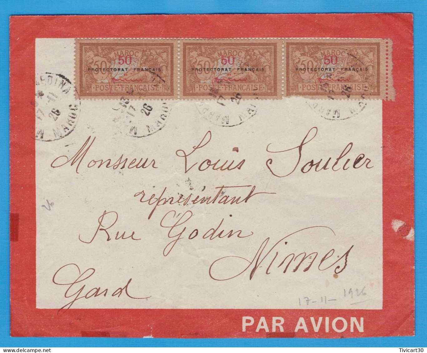 LETTRE PAR AVION DE 1926, MAROC POUR LA FRANCE - LIGNES AERIENNES FRANCE-MAROC-ALGERIE-SENEGAL -TIMBRES MERSON SURCHARGE - Airmail