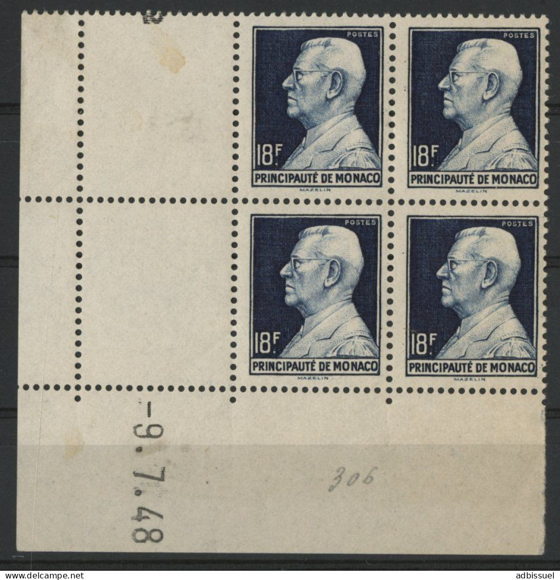 MONACO N° 306 Bloc De 4 Neuf ** (MNH) Avec Coin Daté Du 9/7/48. Voir Description - Unused Stamps