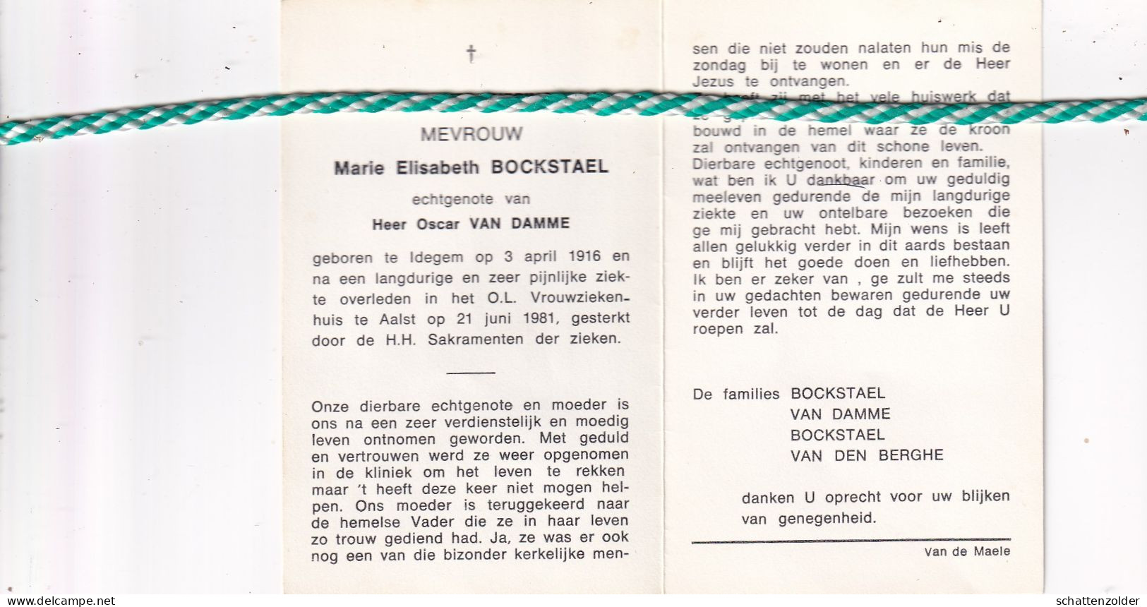 Marie Elisabeth Bockstael-Van Damme, Idegem 1916, Aalst 1981 - Obituary Notices