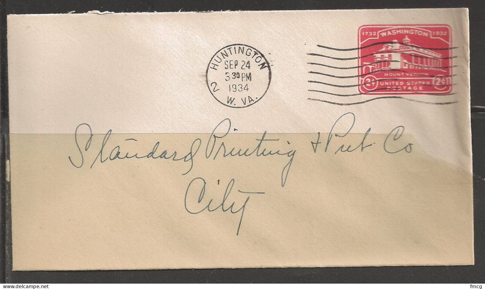 1934 Huntington West Virginia, Mt Vernon Envelope - Covers & Documents