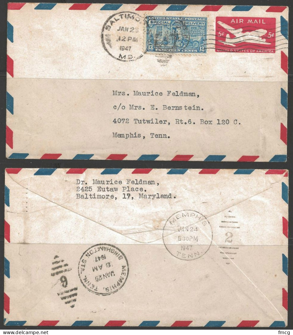 1947 13 Cents Special Delivery On 5 Cents Airmail Envelope, Baltimore MD Jan 23 - Cartas & Documentos
