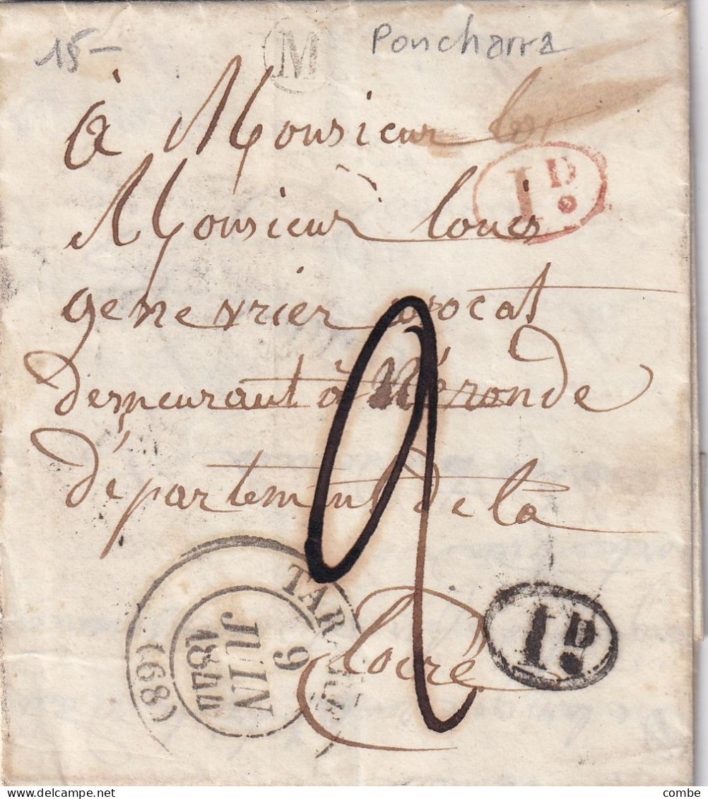 LETTRE. 19 JUIN 44. TARARE. RHONE . BOITE RURALE M = PONTCHARRA POUR NERONDE - 1801-1848: Précurseurs XIX