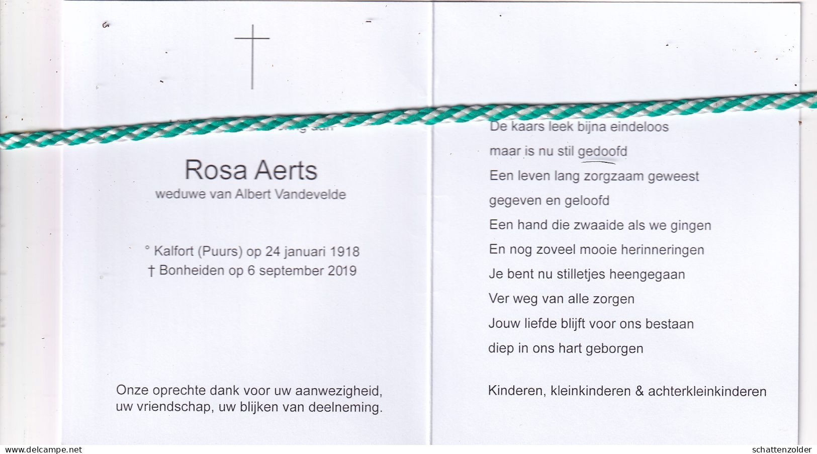 Rosa Aerts-Vandevelde, Kalfort (Puurs) 1918, Bonheiden 2019. Honderdjarige. Foto - Décès