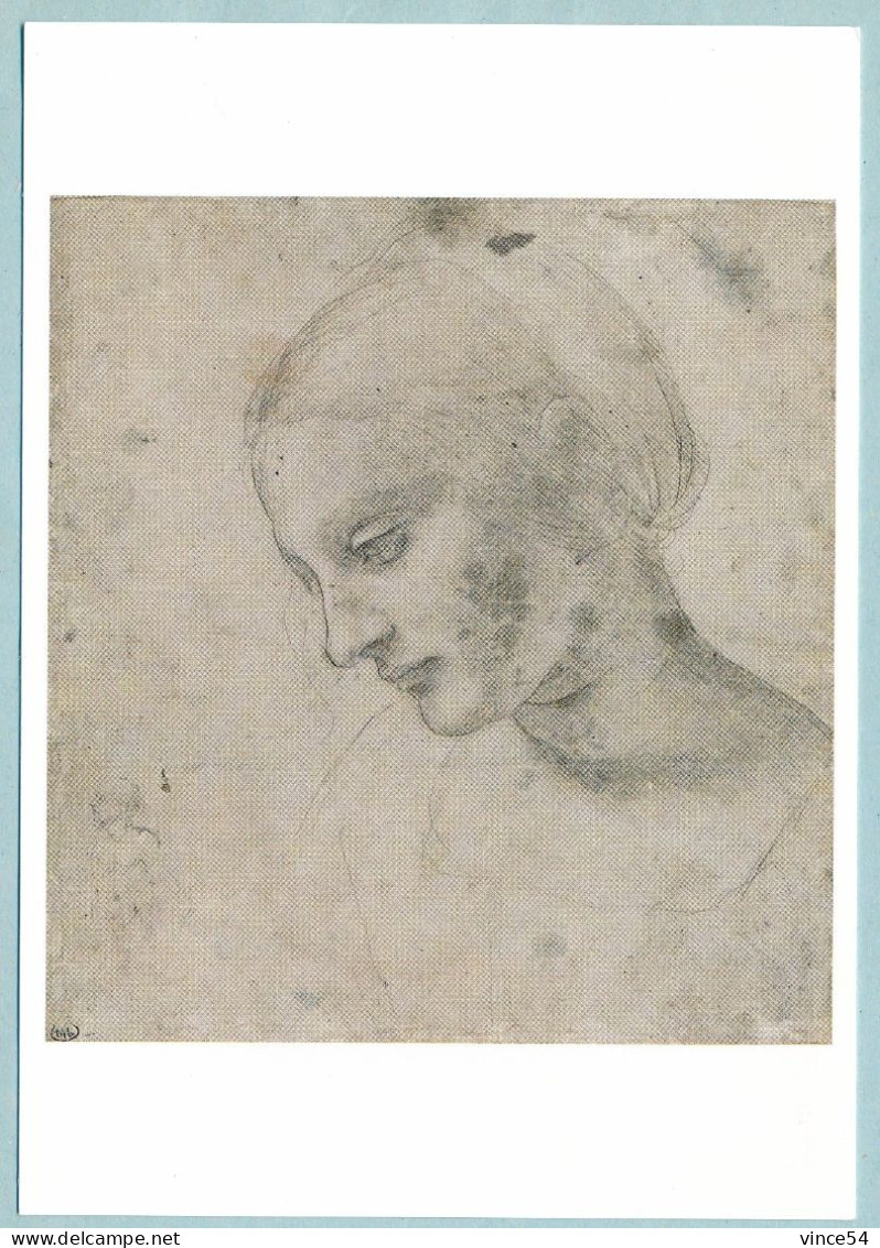 LEONARD DE VINCI - Tête De Femme Presque De Profil - Pointe De Métal Sur Papier Préparé Bleu Pâle - Malerei & Gemälde