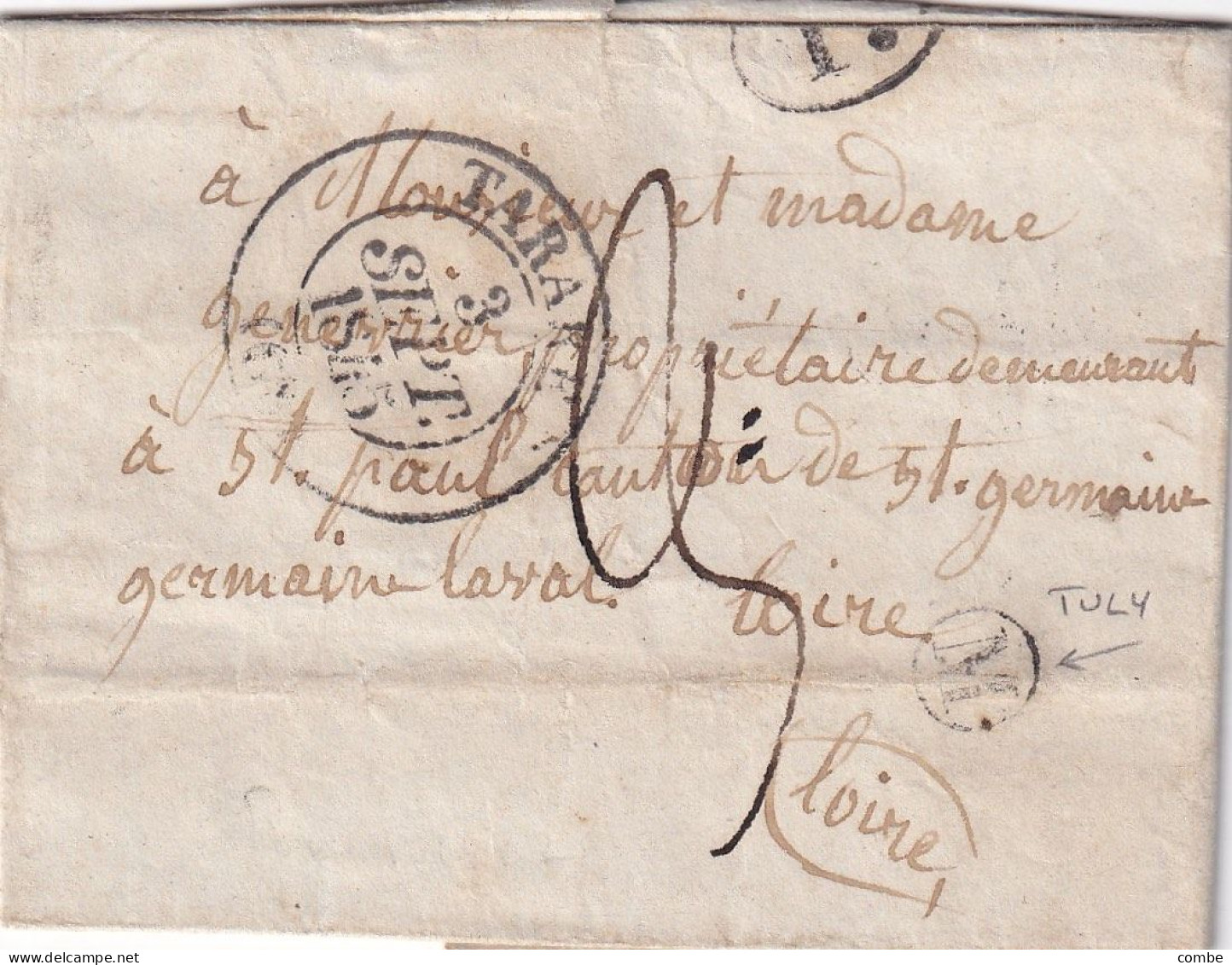 LETTRE. 3 SEPT 45. TARARE. RHONE . BOITE RURALE M = TULY POUR ST PAUL - 1801-1848: Precursors XIX