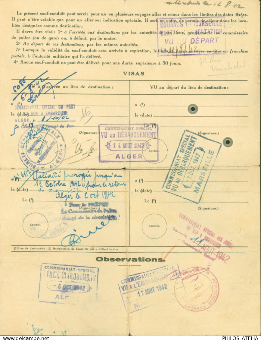 Guerre 40 Ministère Défense Nationale Sauf Conduit 1942 Mme Laplantine Etat Français Préfecture Var Pour Algérie Alger - Guerre De 1939-45