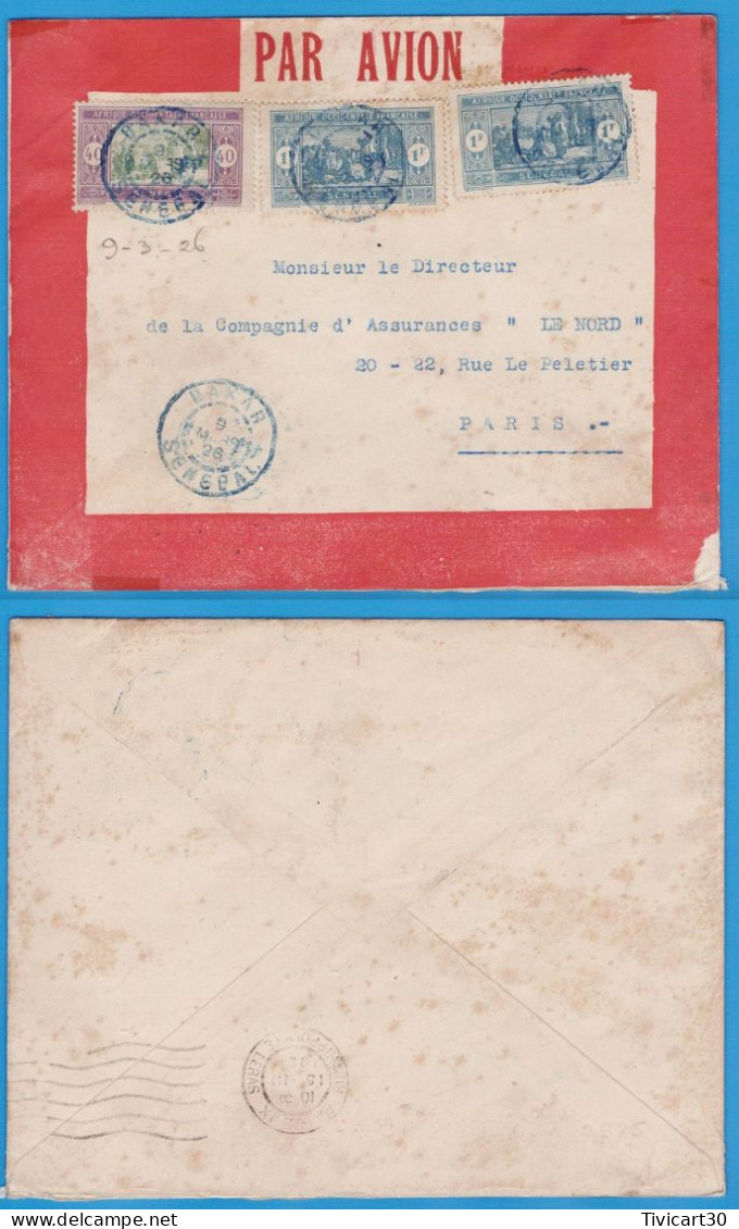 LETTRE PAR AVION DE 1926 - DAKAR (SENEGAL) POUR PARIS (FRANCE) - OBLITERATIONS BLEUS  DE DAKAR - Covers & Documents