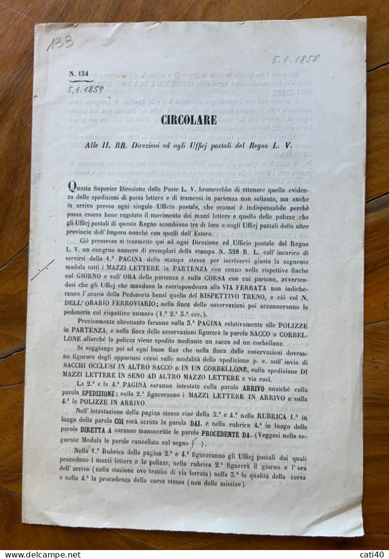LOMBARDO VENETO - CIRCOLARE ALLE DIREZIONI POSTALI SU SPEDIZIONI DI POSTA LETTERE...- 4 Pag. VERONA 5/1/1858 - Historische Dokumente