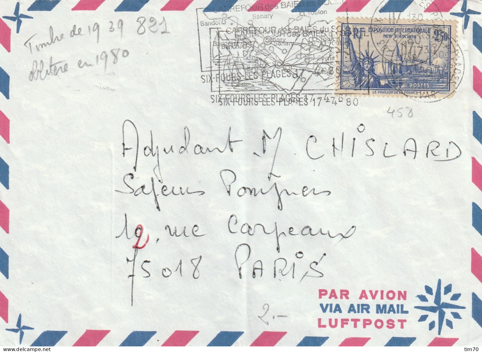 CAD 83  SIX FOURS LES PLAGES   / N° 458 POUR  PARIS - Manual Postmarks