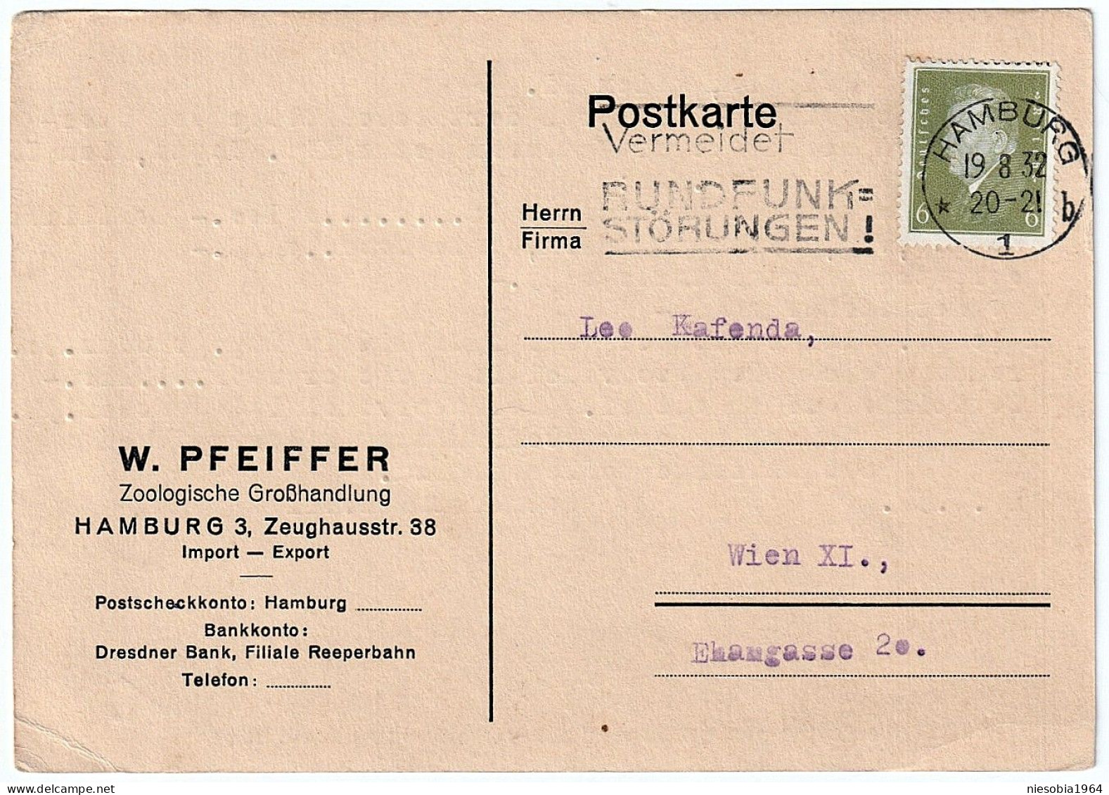 Company Postcard W. Pfeiffer Pet Wholesaler Hamburg. Postage Stamp DR 6, Data Seal 19/08/1932 Avoids Radio Interference - Cartes Postales