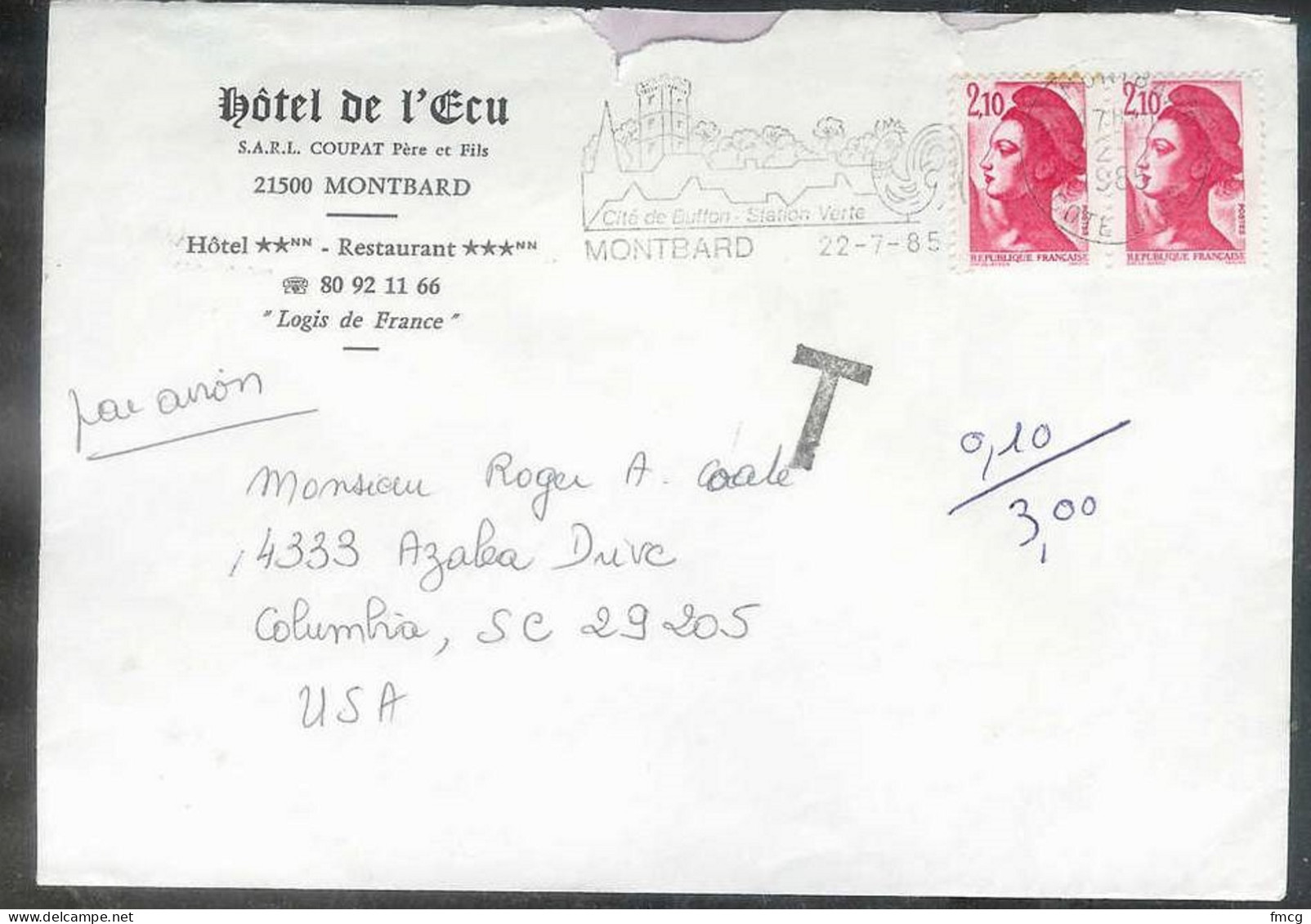 1985 Montbard Hotel De L'Ecu To USA - Postage Due Marking - Briefe U. Dokumente