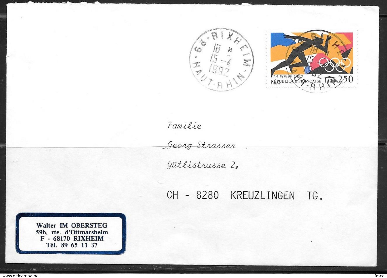 1992 Olympics Rixheim (15-4) To Switzerland - Covers & Documents