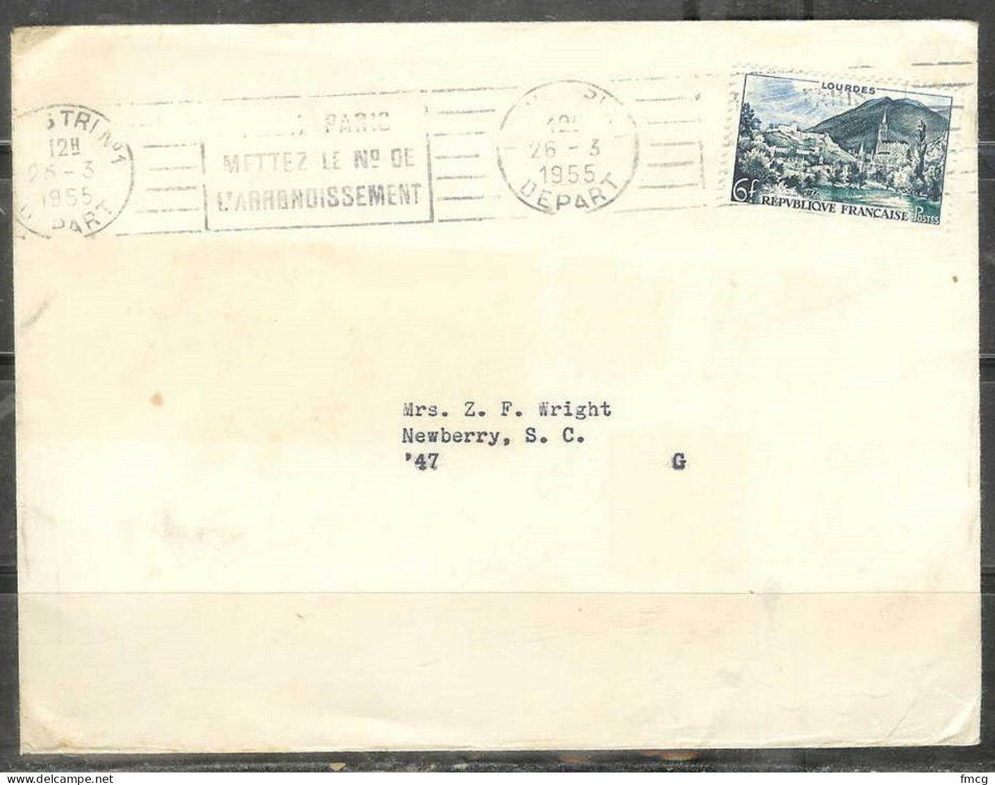 1955 6f Lourdes, Paris (26-3) Slogan Cancel, To South Carolina USA - Briefe U. Dokumente