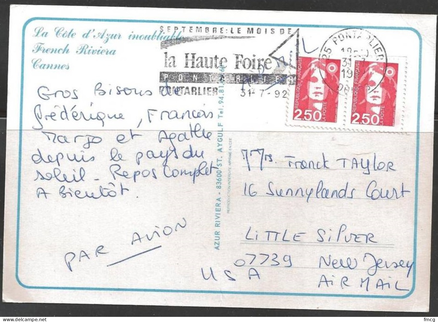 1992 Two 2.50,  Fancy La Haute Foire Pontarlier (31-7-92) On Pc - Lettres & Documents
