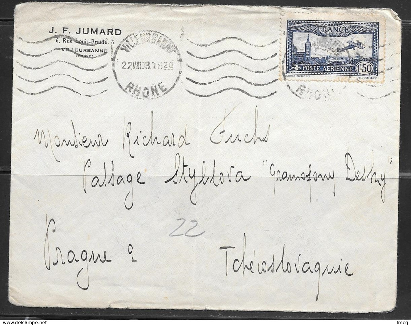 1937 1.50fr Airmail Villeurbanne To Czechoslovakia - Briefe U. Dokumente