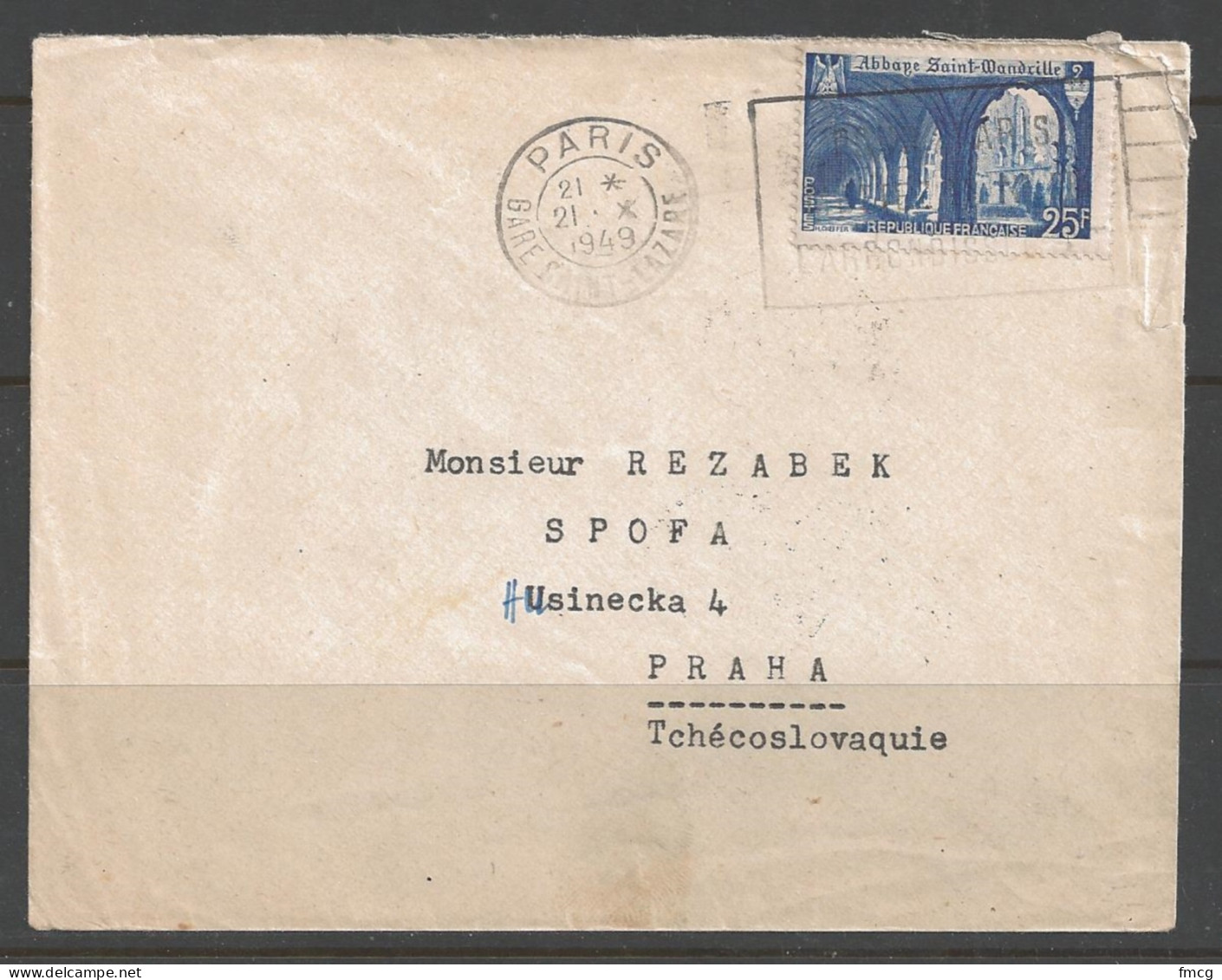  1949 25f Abbey St. Wandrille, Paris To Czechoslovakia (21 X 1949) - Brieven En Documenten