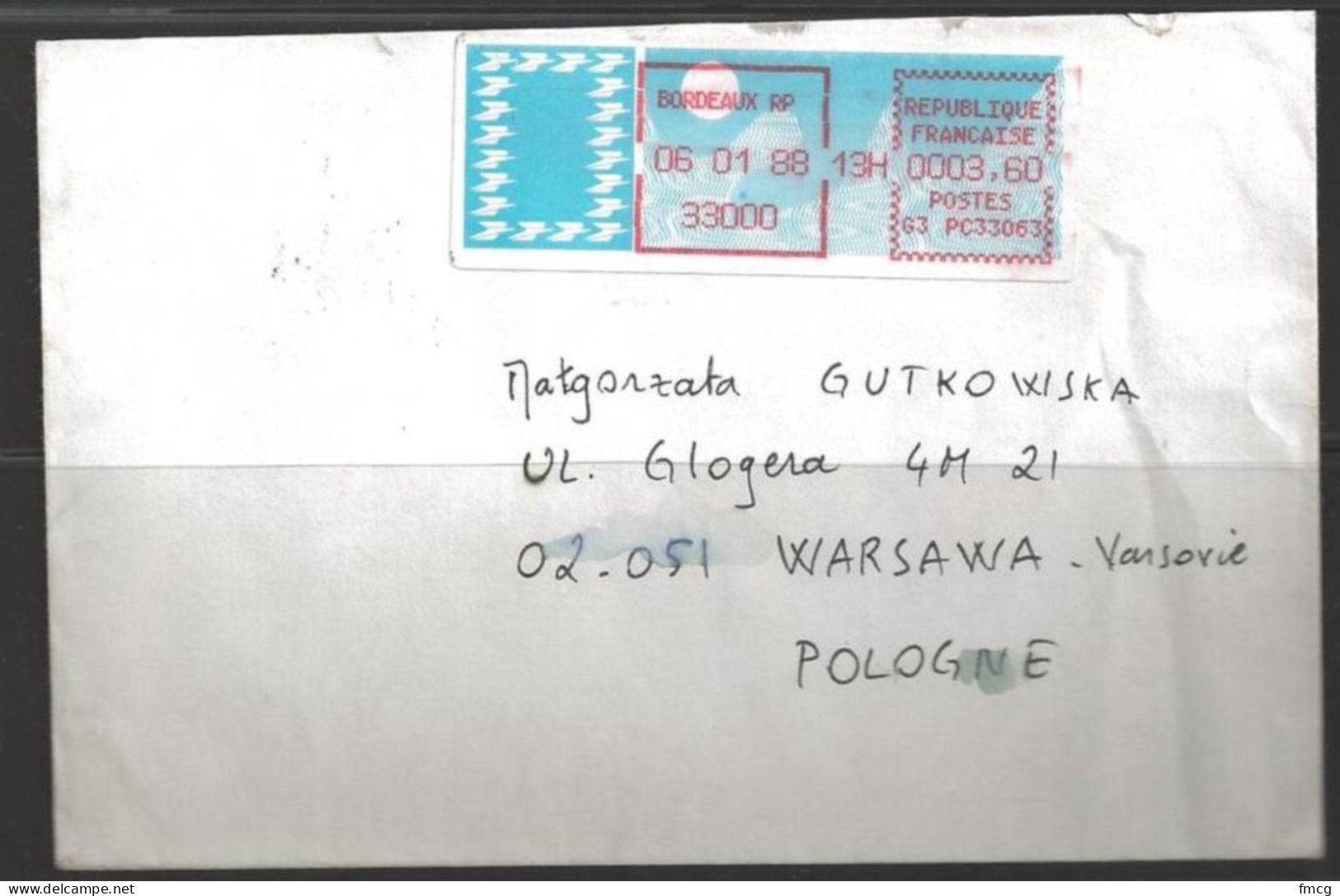 1988 Bordeaux Meter (06 01 88) To Warsawa Poland - Covers & Documents