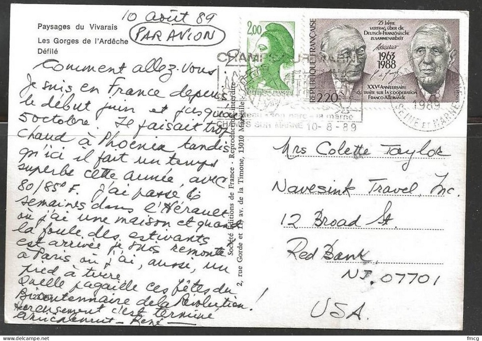 1988 2,20 Fr German Cooperation, Chavis Sur Marne (10-8-89), Pc To USA - Briefe U. Dokumente