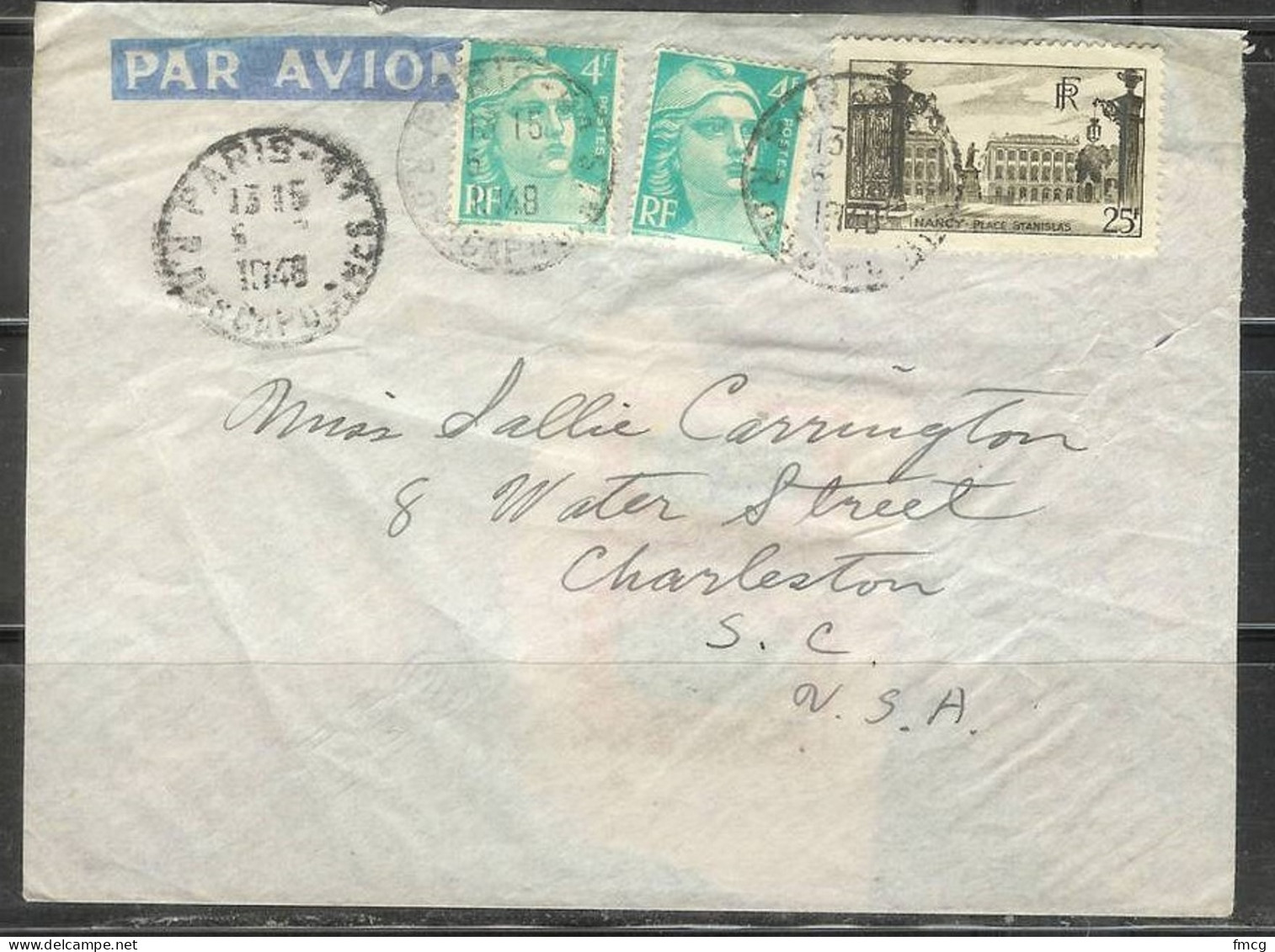 1948 25fr Nancy Used On Cover To South Carolina USA - Covers & Documents