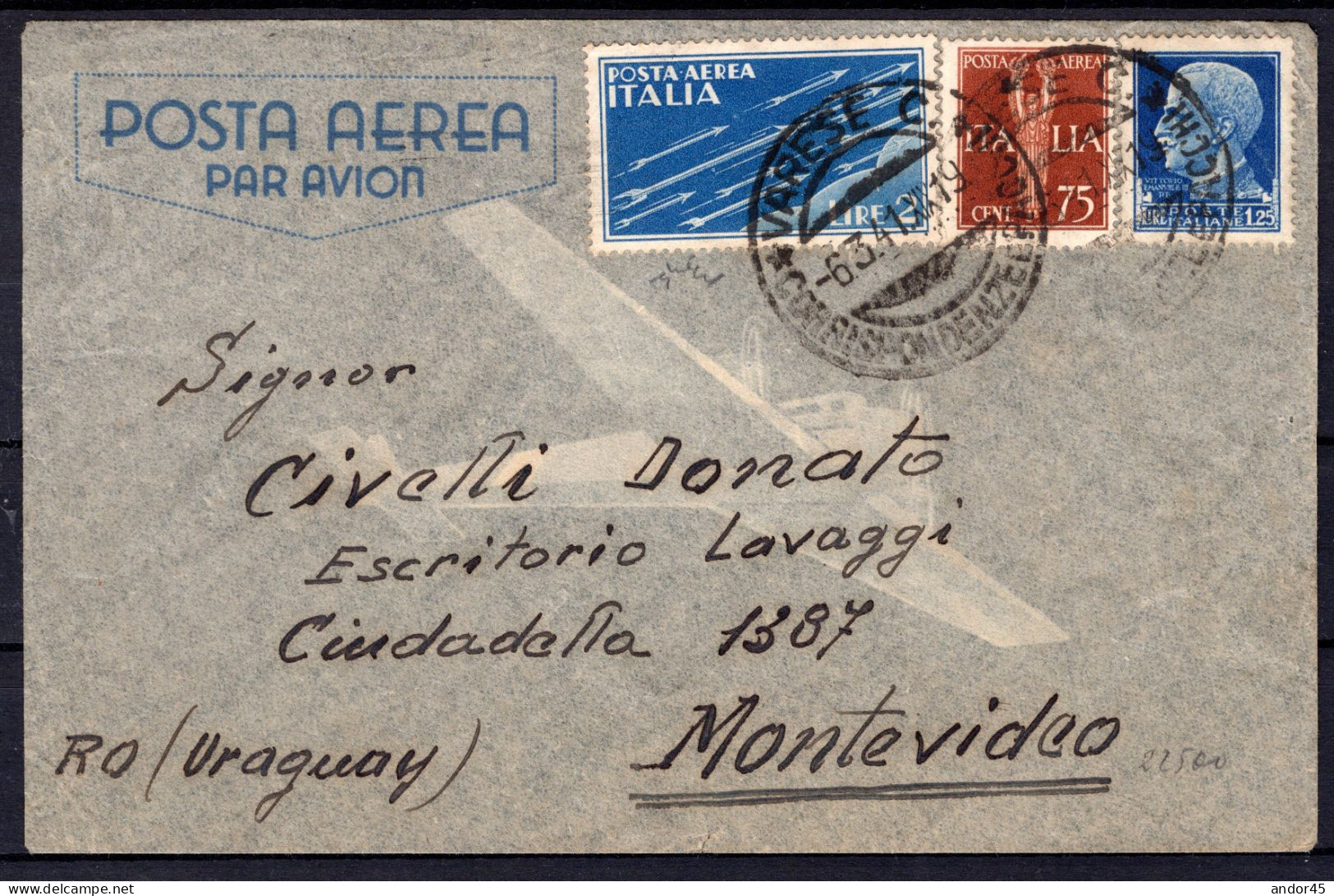 1941 6 MAR POSTA AEREA L.2+C.75+L.1,25  SASS.15+12+253  USATI  SU AEREOGRAMMA DA VARESE X URAGUAY  FIRMATO PERITO - Poststempel