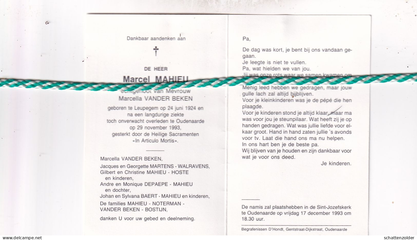 Marcel Mahieu-Vander Beken, Leupegem 1924, Oudenaarde 1993 - Todesanzeige