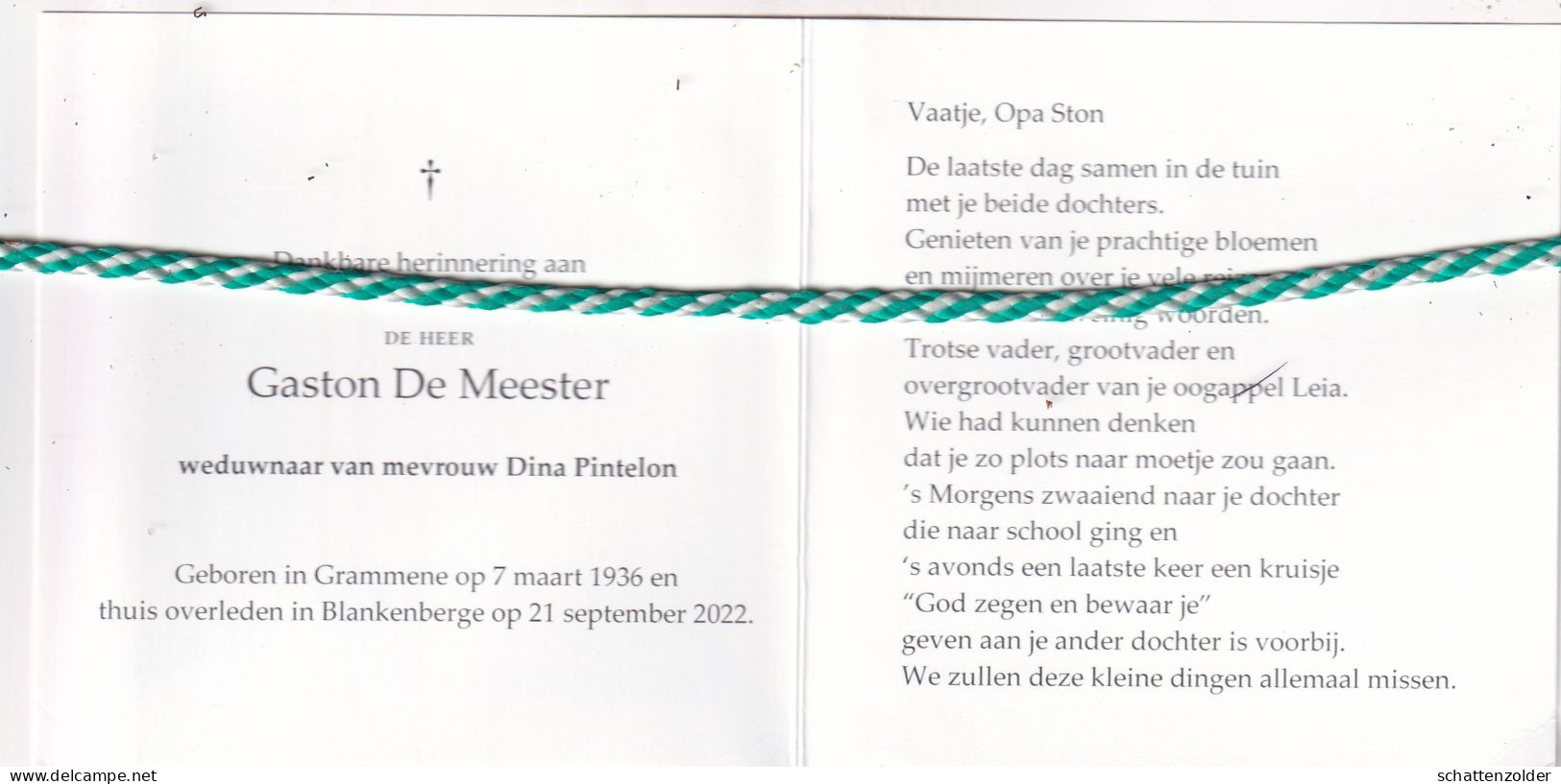 Gaston De Meester-Pintelon, Grammene 1936, Blankenberge 2022. Foto - Obituary Notices