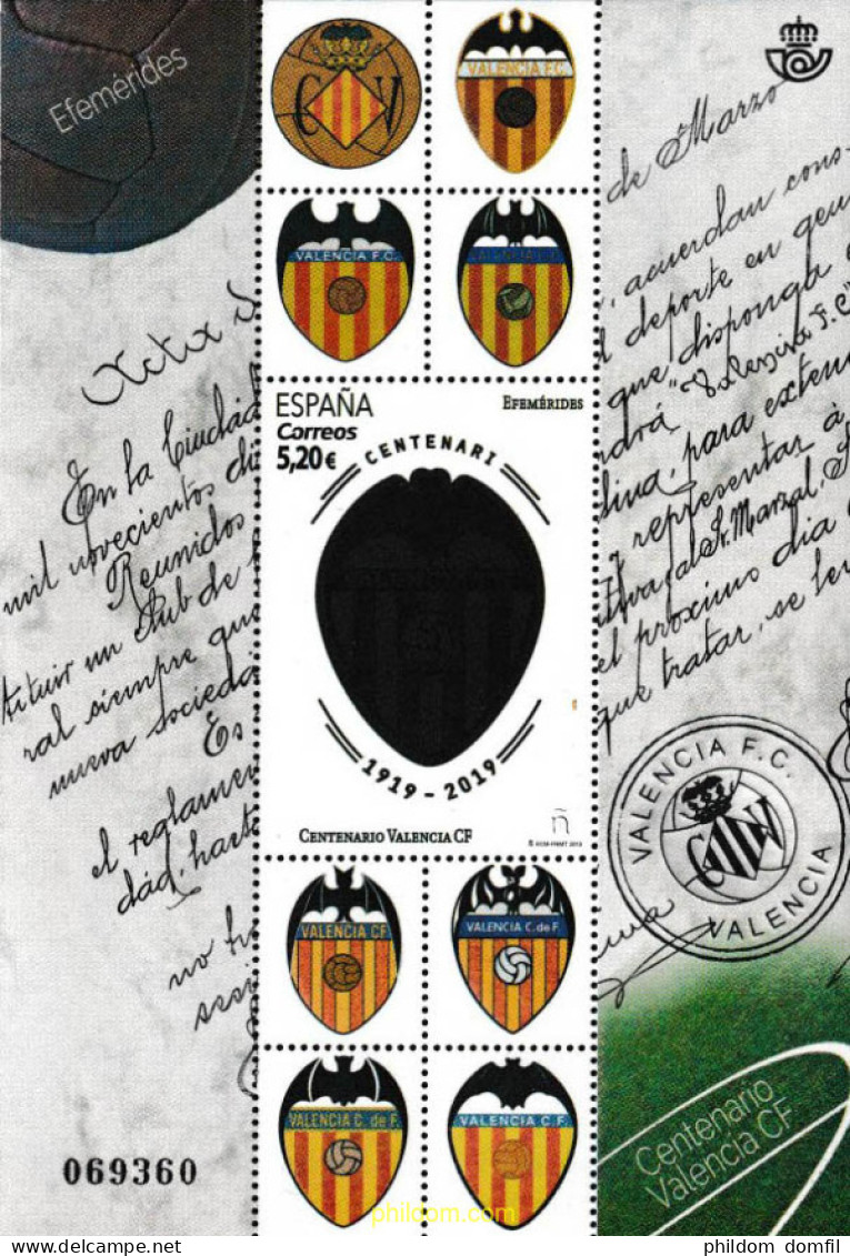 603788 MNH ESPAÑA 2019 CENTENARIO DEL VALENCIA CLUB DE FÚTBOL - Ungebraucht