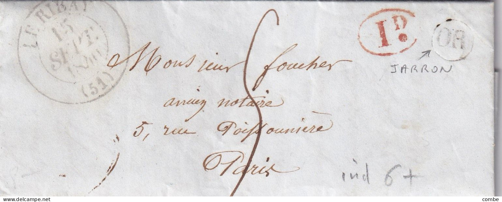 LETTRE. 15 SEPT 40. LE RIBAY. MAYENNE . ORIGINE RURALE OR = JARRON. POUR PARIS. TAXE 5 - 1801-1848: Précurseurs XIX