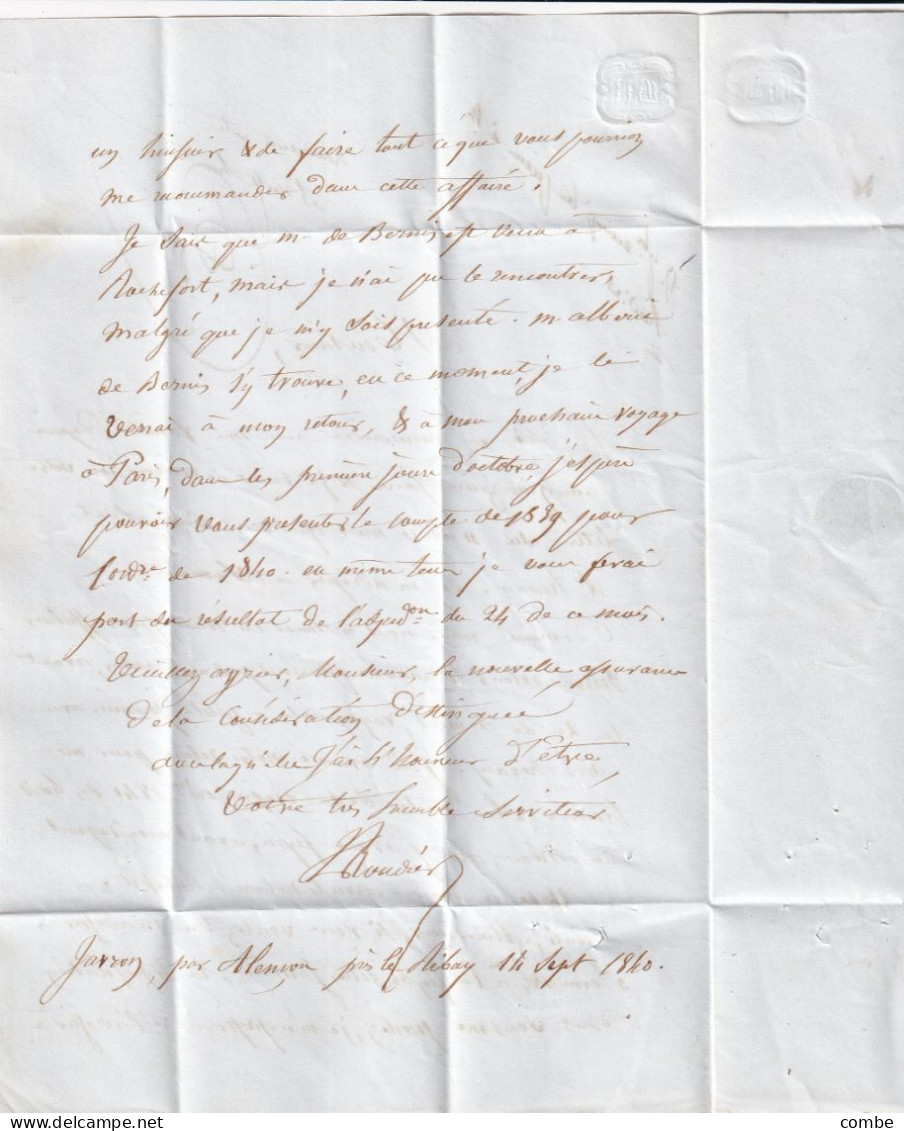 LETTRE. 15 SEPT 40. LE RIBAY. MAYENNE . ORIGINE RURALE OR = JARRON. POUR PARIS. TAXE 5 - 1801-1848: Précurseurs XIX