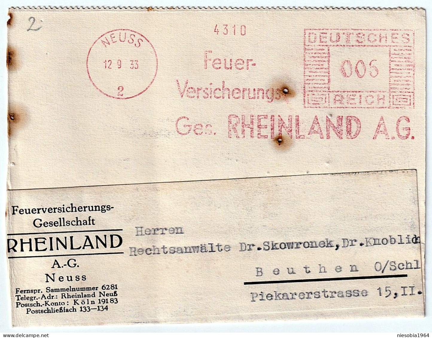 Company Postcard - Fire Insurance Company "RHEINLAND" A.G. Neuß - Mechanical Postal Seal DR006 - September 12, 1933 - Postcards
