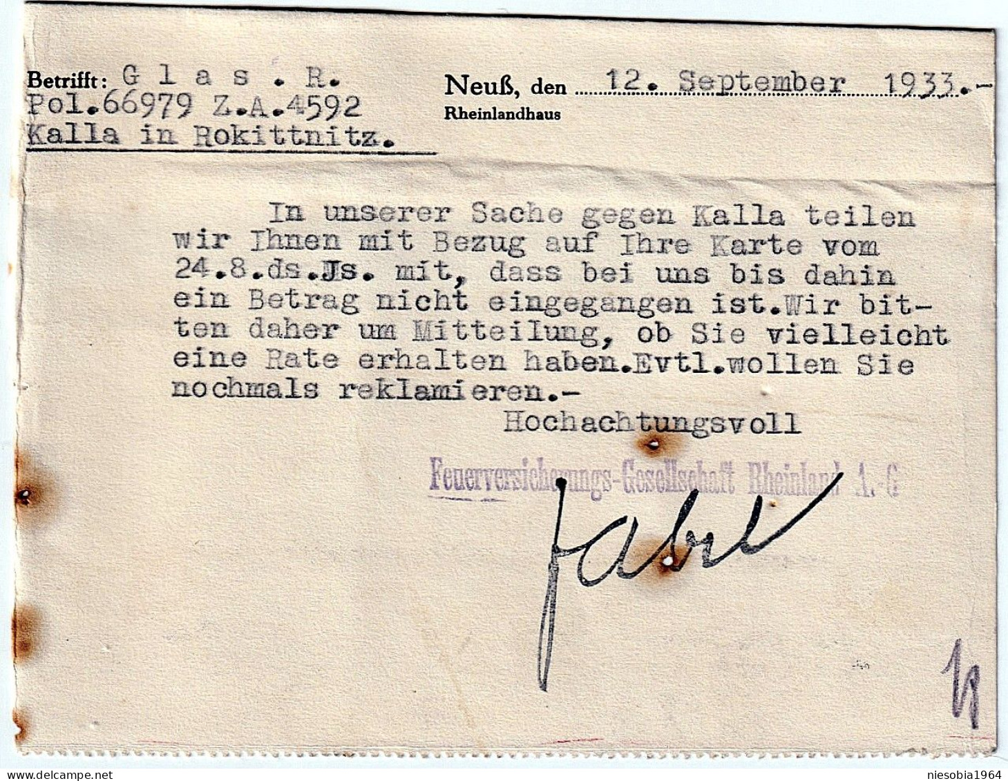 Company Postcard - Fire Insurance Company "RHEINLAND" A.G. Neuß - Mechanical Postal Seal DR006 - September 12, 1933 - Postcards