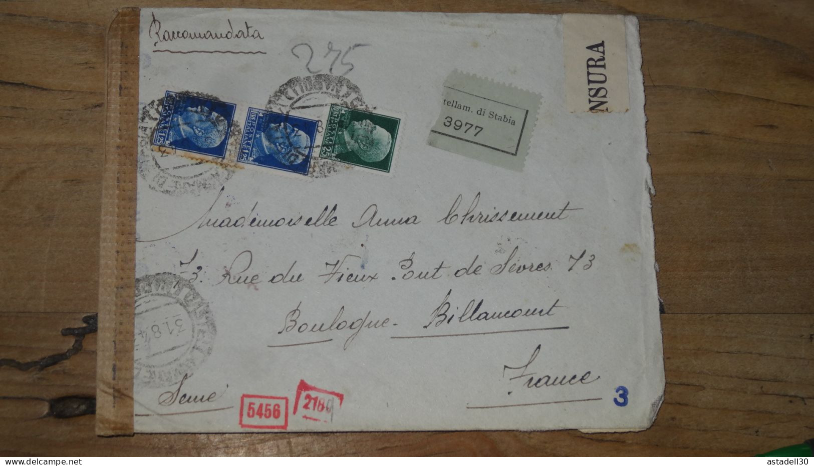 Enveloppe Recommandée, Censuree, Castellam Di Stabia, 1943  ............. BOITE1  ....... 574 - Marcofilie