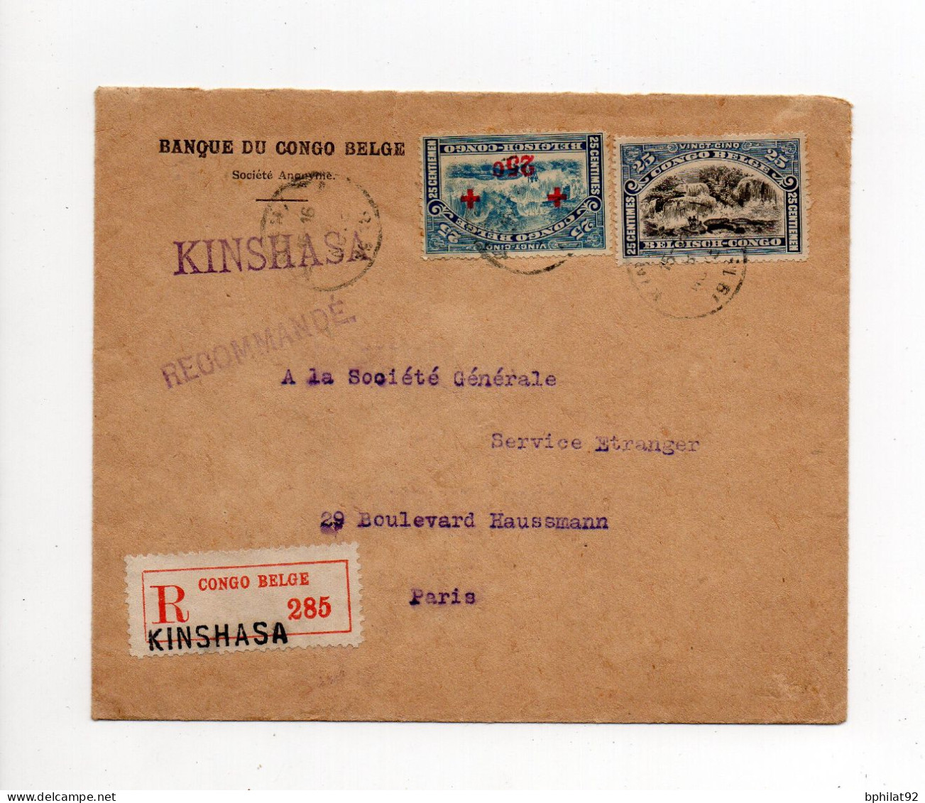 !!! CONGO BELGE, LETTRE RECOMMANDEE DE KINSHASA POUR PARIS DE 1918 - Briefe U. Dokumente