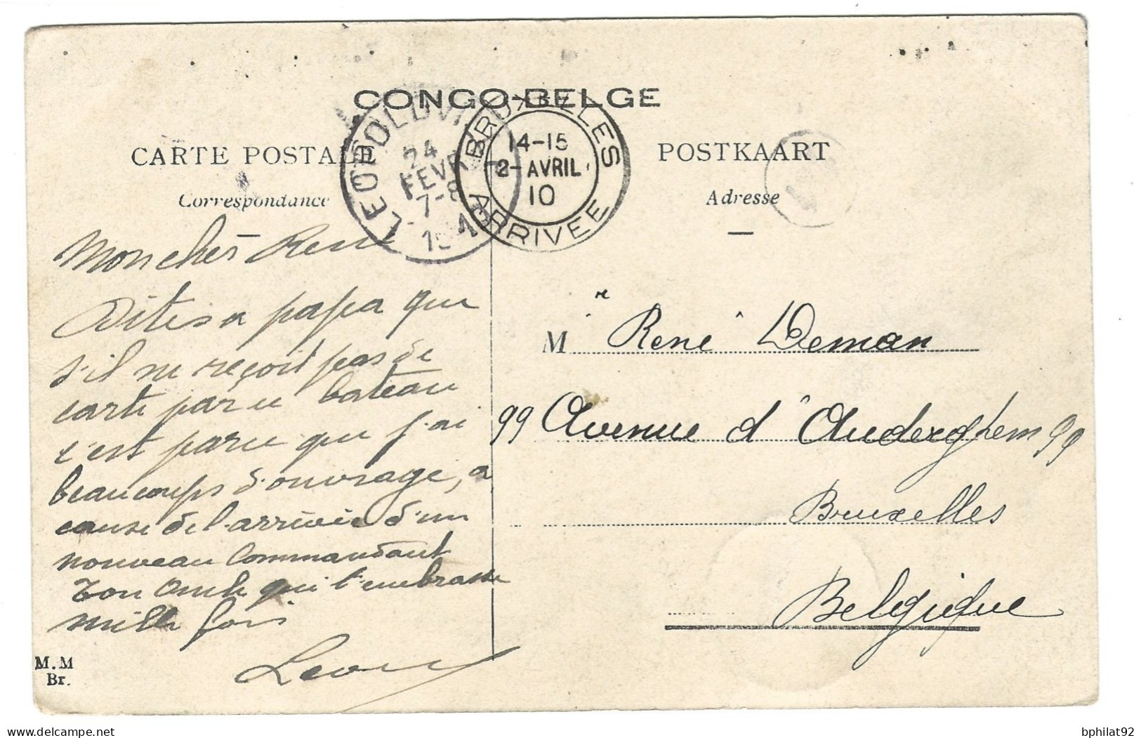 !!! CONGO, CPA DE 1910, DÉPART DE LÉOPOLDVILLE POUR BRUXELLES (BELGIQUE) - Storia Postale