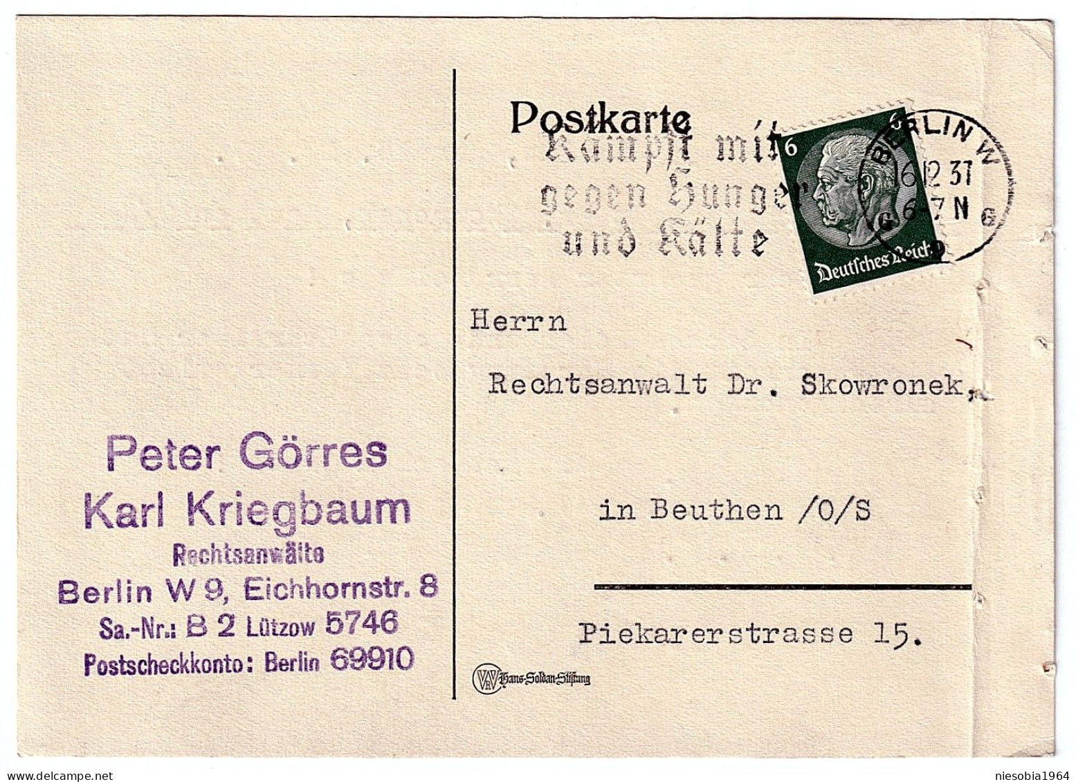 Company Postcard Peter Görres & Karl Kriegbaum Lawyers Berlin Stamp DR 6 Seal 12/16/193737 Fight Against Hunger And Cold - Postkarten