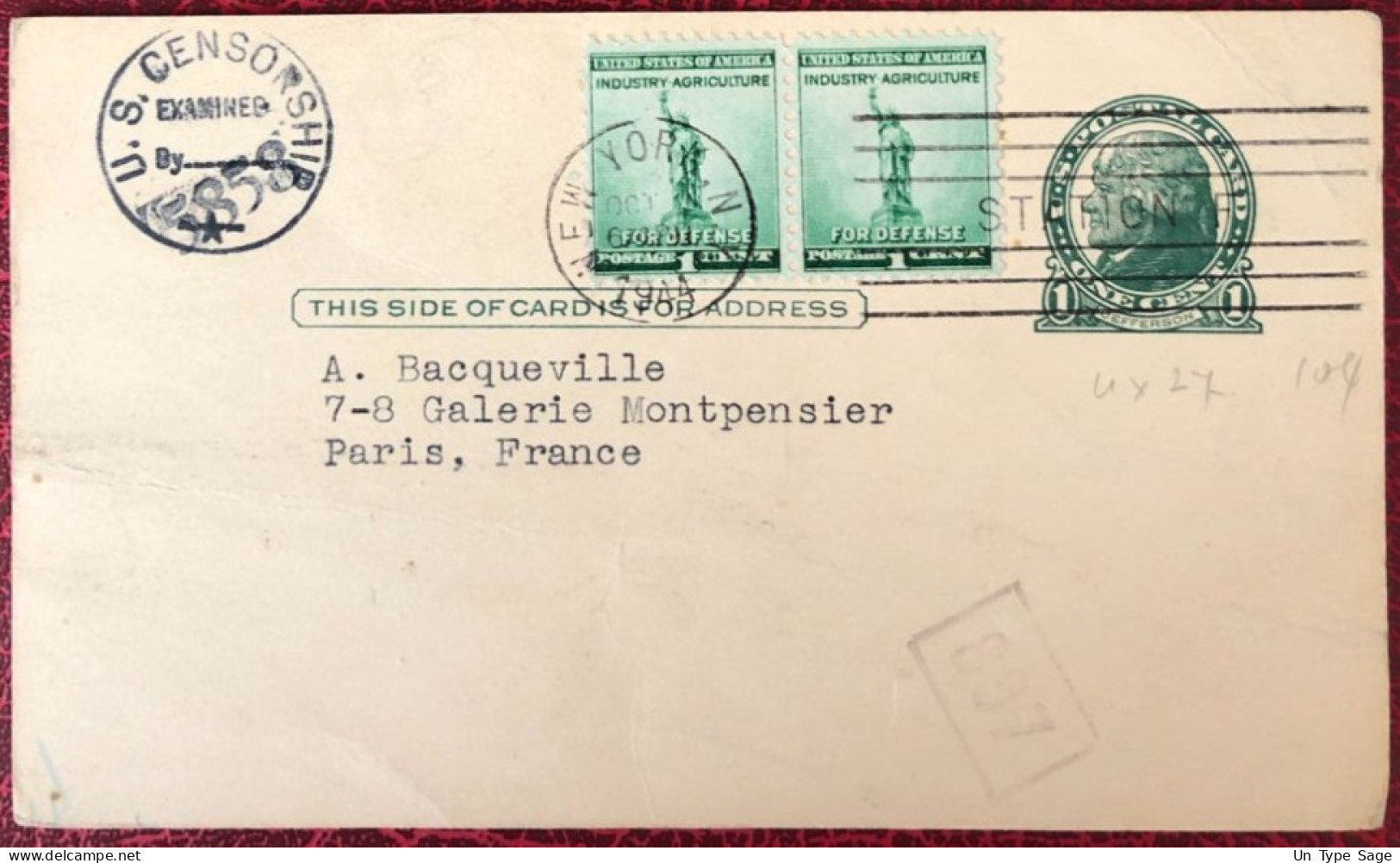 Etats-Unis, Divers Sur Entier-carte, Cachet New-York, N.Y. 5.11.1944 Pour La France + U.S. CENSORSHIP - (C1443) - Storia Postale