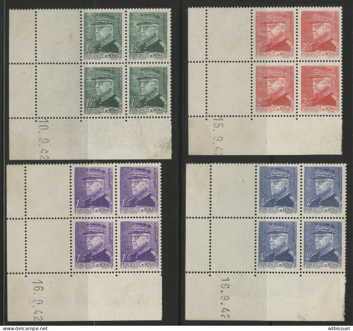 MONACO N° 228 230 231 233 Quatre Blocs De 4 Neuf ** (MNH) Avec Coin Daté. Voir Description - Unused Stamps