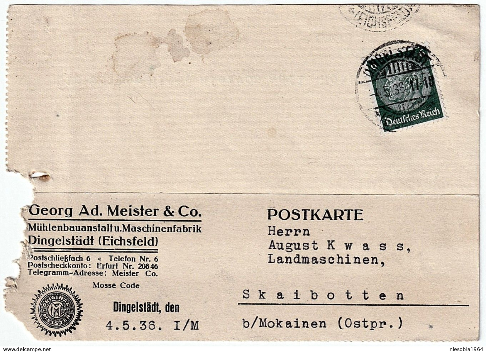 Company Postcard Georg Ad. Masters & Co. Mühlenbauanstalt Dingelstädt Seal May 4, 1936 Postage Stamp DR Hindenburg 6 - Cartes Postales