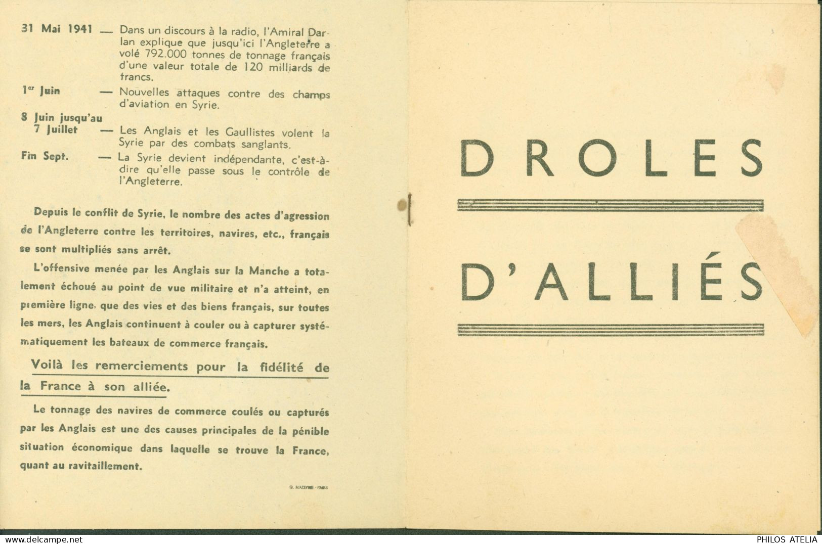 Guerre 40 Petit Livret Fascicule Drôle D'alliés Pro Pétain Pétainiste - Andere & Zonder Classificatie