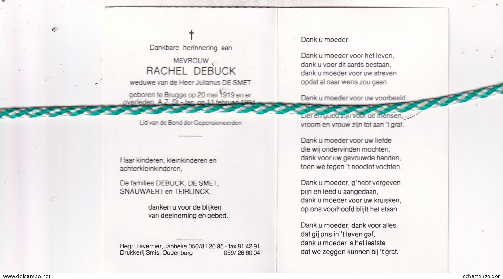 Rachel Debuck-De Smet, Brugge 1919, 1994 - Obituary Notices