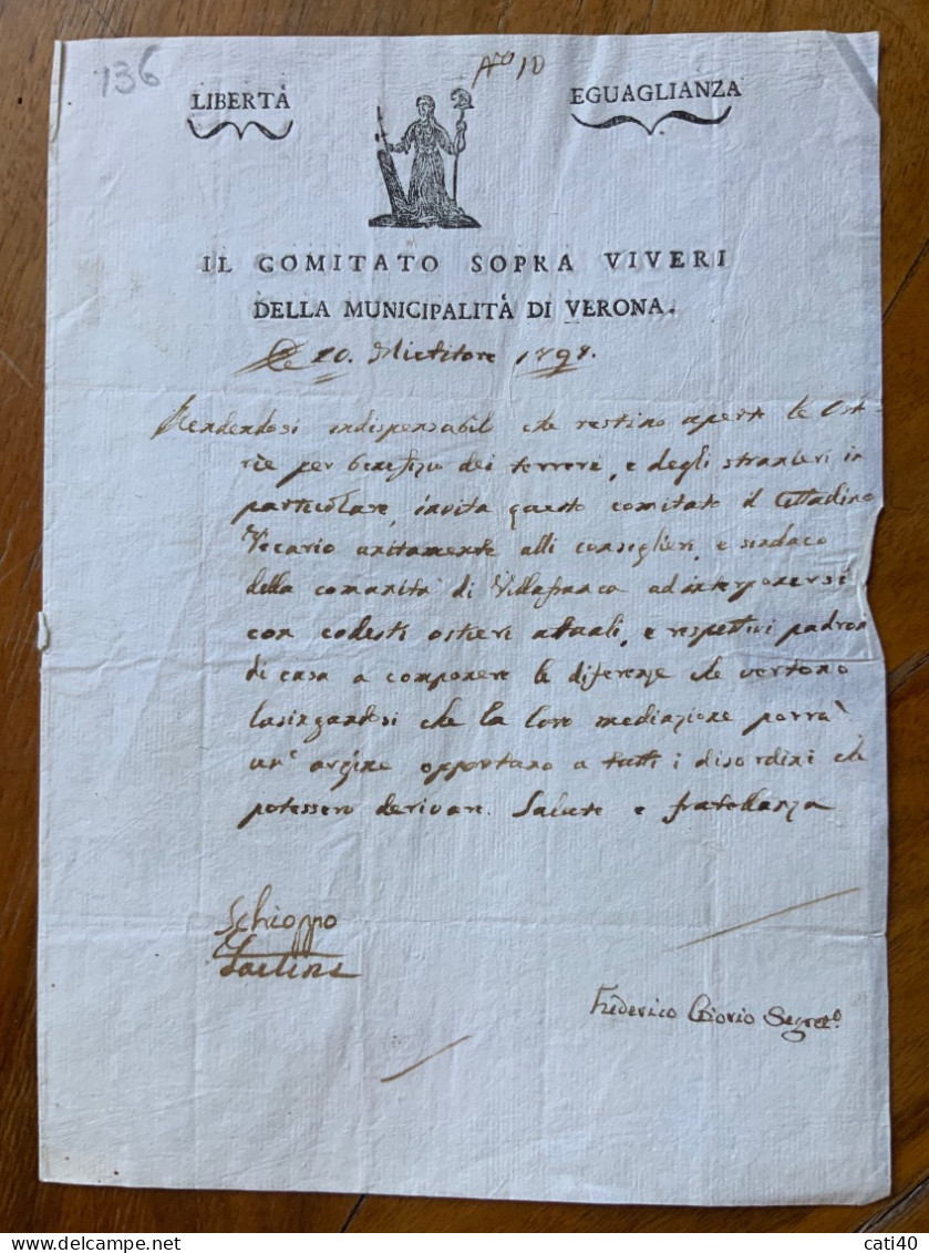 IL COMITATO SOPRA VIVERI DELLA CITTA' DI VERONA - 20/12/1798 "..restino Aperte Le Osteria..comunita Di VILLAFRANCA.." - Historische Documenten