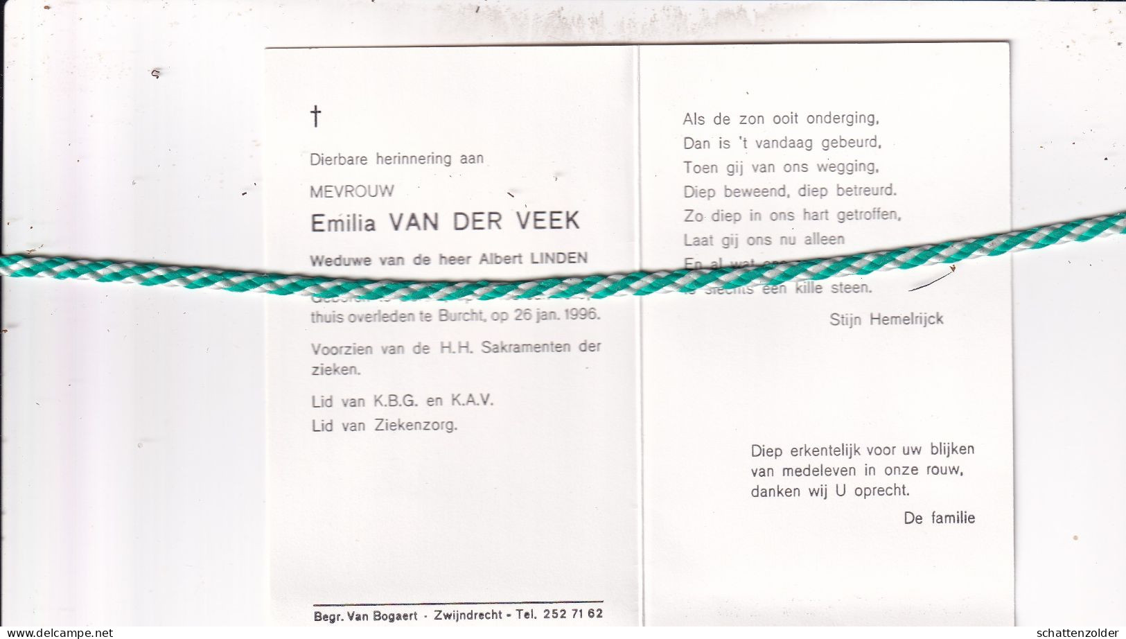 Emilia Van Der Veek-Linden, Burcht 1915, 1996 - Todesanzeige